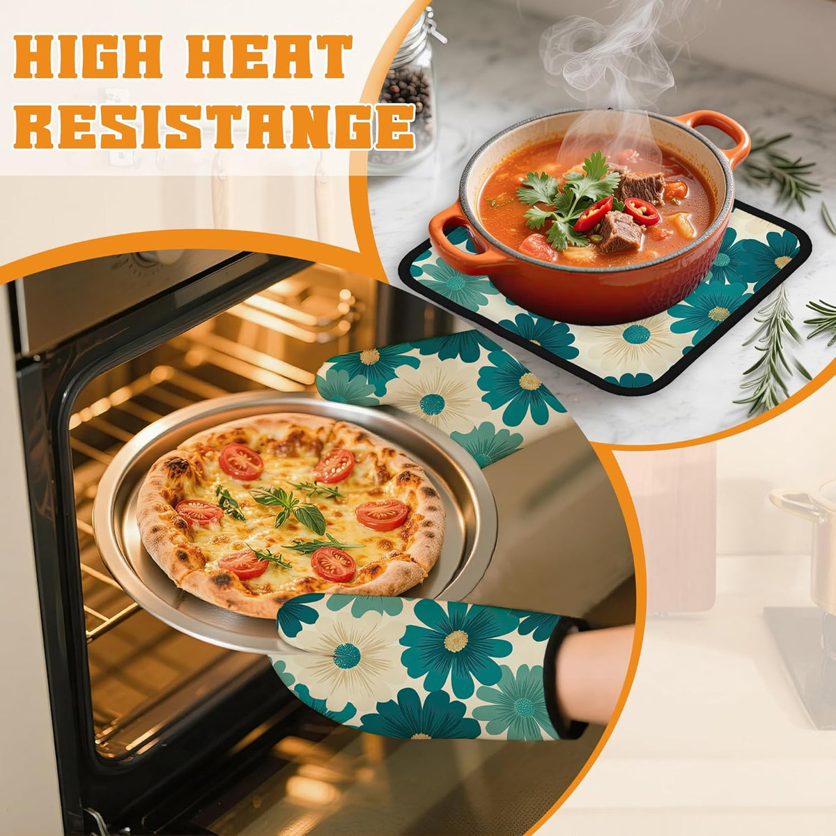 Abstract Daisy Flower Oven Mitts and Pot Holders,Retro Groovy Flowers Heat Resistant Oven Mitts Gloves and Pot Holder for Home Kitchen Decorations Cooking Baking BBQ Gifts,Set of 4