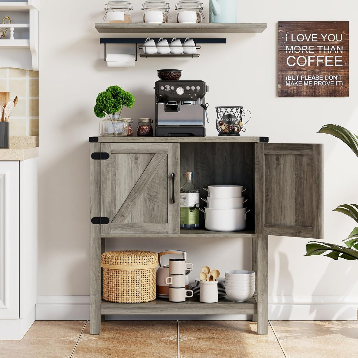 Console Table with 2-Door Cabinet Coffee Bar Cabinet Sofa Table,Entryway Table with Storage, Farmhouse Buffet Sideboard (Grey)