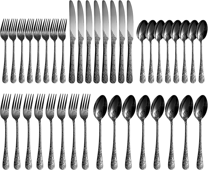 Floral 40 Pcs Black Silverware Set for 8, Food Grade Stainless Steel Flatware Set with Rose Flower Embossed Design, Eating Utensils Sets Include Fork/Knife/Spoon, Reusable Cutlery Set, Dishwasher Safe