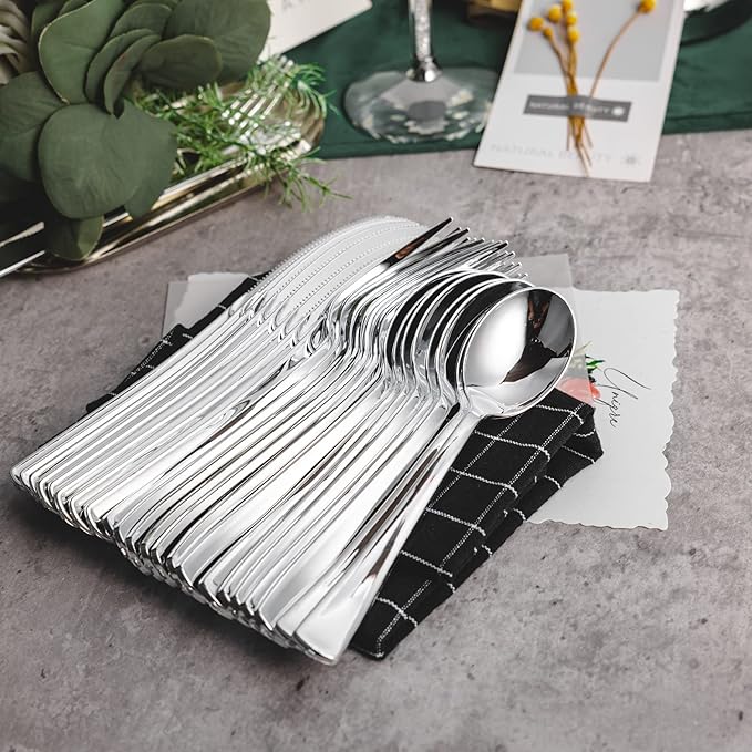 N9R 120PCS Silver Plastic Silverware, Silver Plastic Cutlery Set Disposable Flatware Dinnerware -60 Forks, 30 Spoons, 30 Knives for Wedding, Party, Birthday and Daily Use