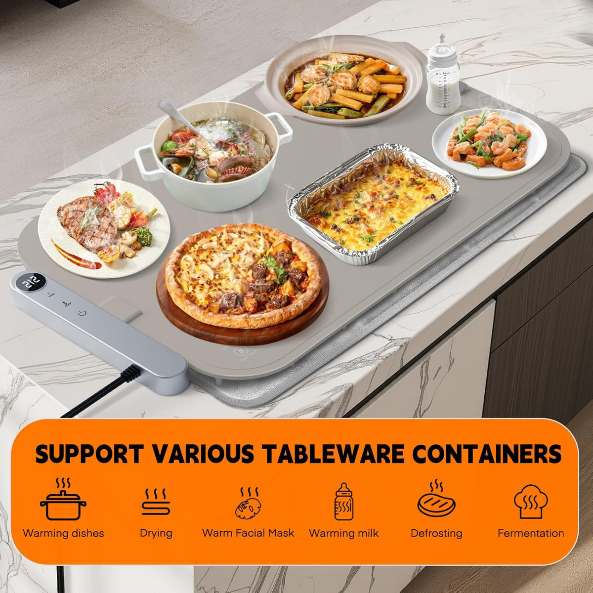 Homelove Food Warming Mat Waterproof - Electric Warming Tray with 6-Level Temperature and Hours Setting, Full Surface Graphene Heating, Dishwasher-Friendly Food Warmer Mat for Parties, Kitchen (Khaki)