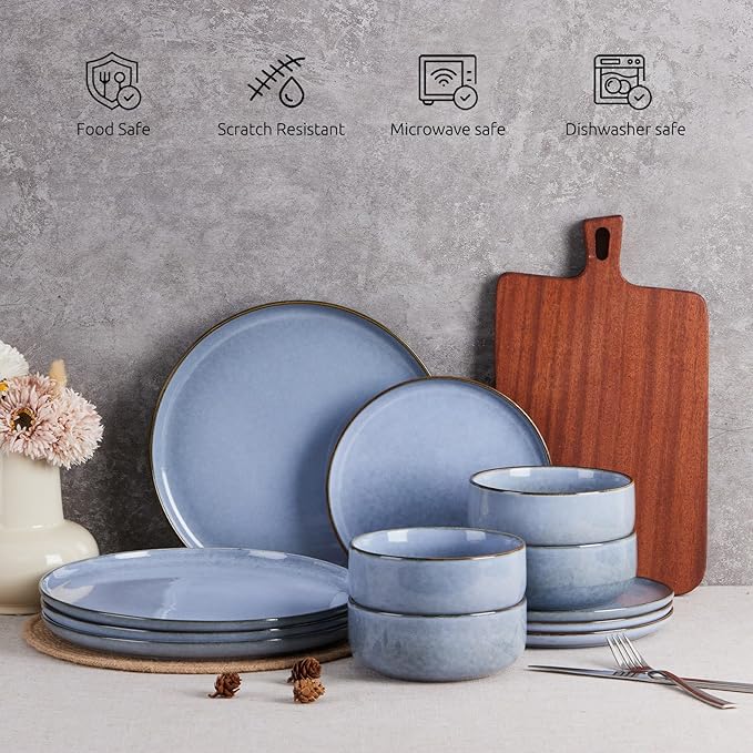 E-far 24-Piece Reactive Glaze Dinnerware Sets, Ceramic Dishes Set for 8, Stoneware Plates and Bowls Dinning Ware, Microwave & Dishwasher Safe - Ocean Blue