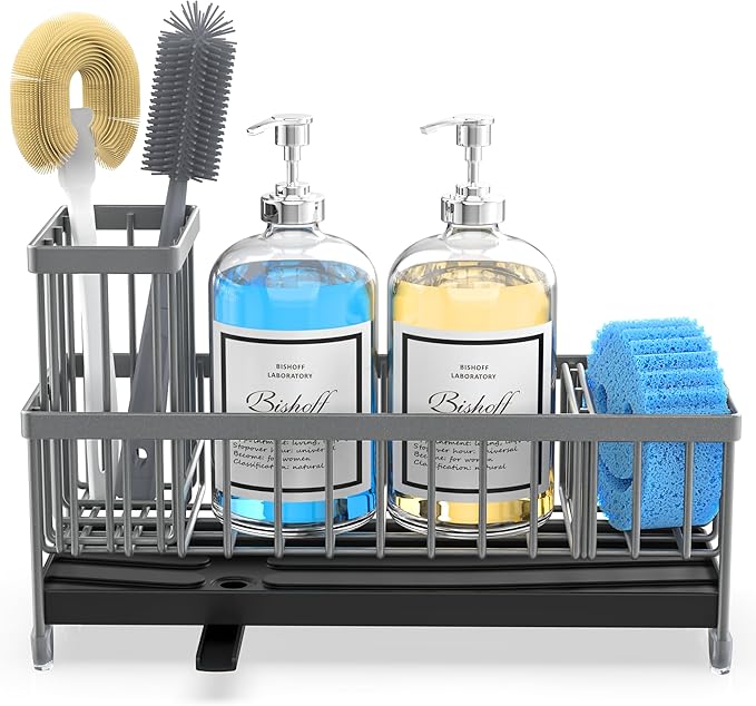 Moforoco Extra Large Sponge Holder for Kitchen Sink Organizer Caddy, Dish Brush Scrubber Holder,Stainless Steel Sink Box Utensil Holder,Soap Dispenser Set Tray Counter Accessories(Grey)