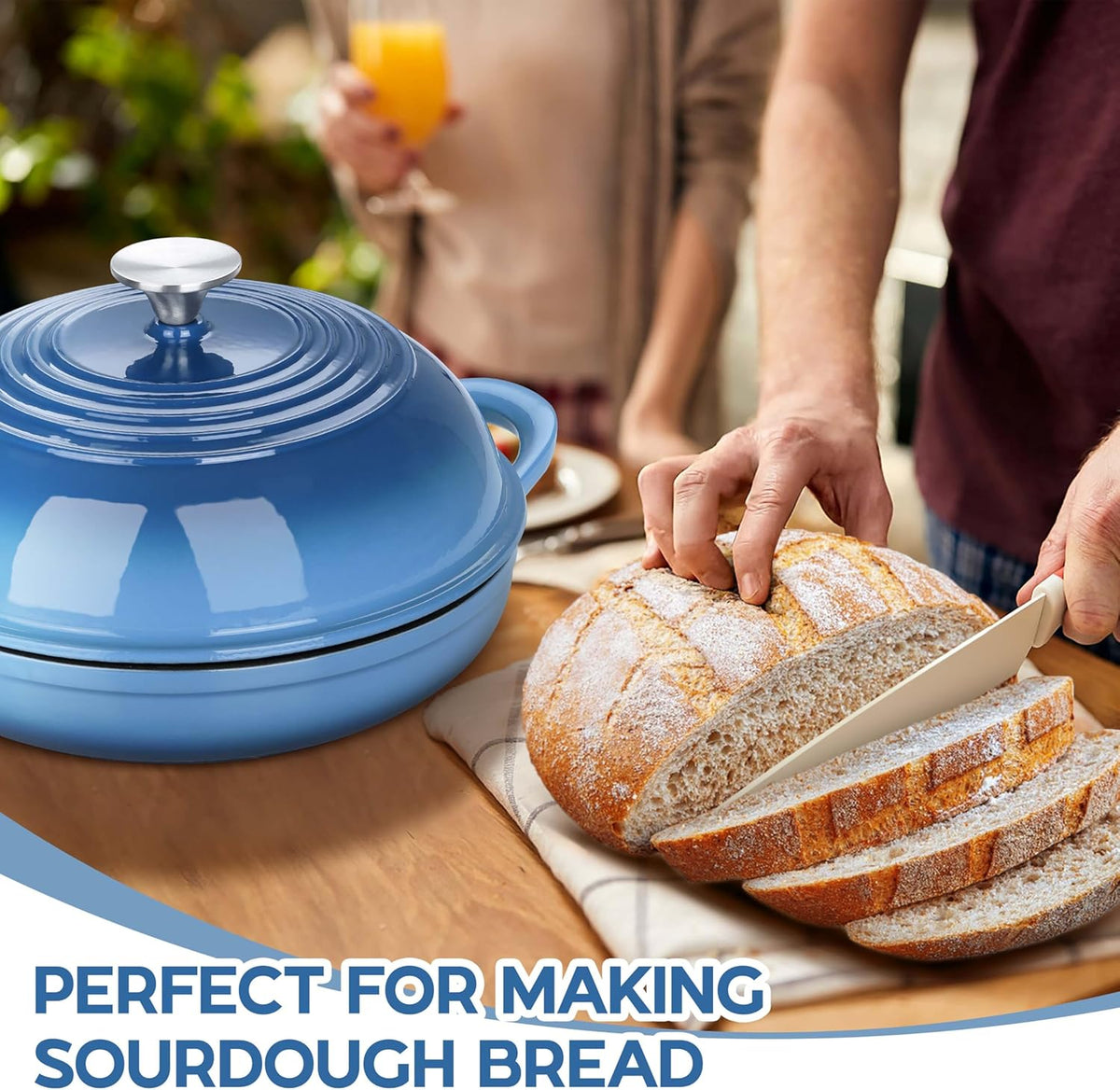 E-far Dutch Oven for Sourdough Bread Baking, 6 Qt Round Enameled Cast Iron Dutch Oven for Homemade Artisan Bread, Dome Lid & Shallow Base, Matte Black Interior & Durable, Oven-Safe to 500℉, Blue