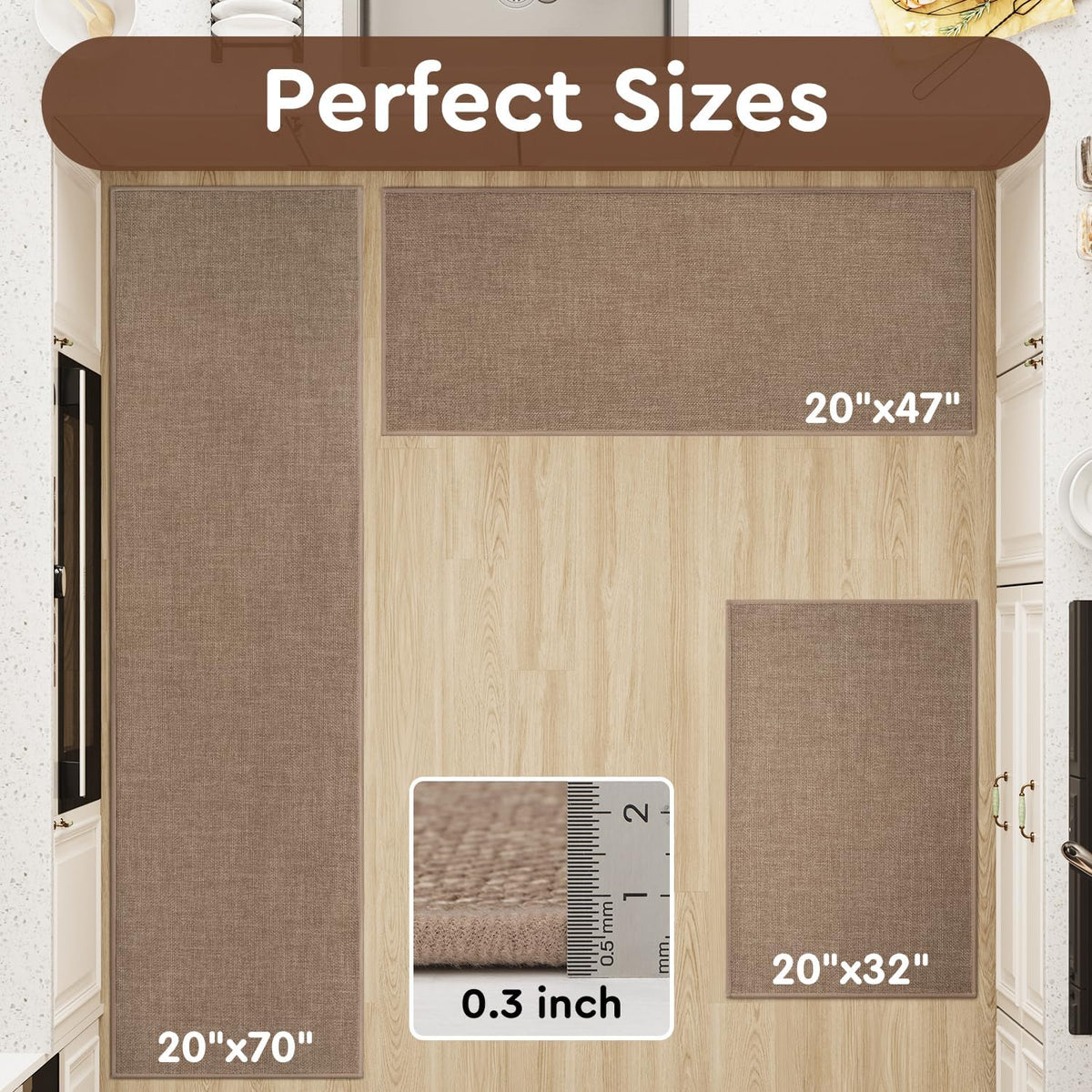 tchdio Kitchen Mats for Floor, Rubber Backed Kitchen Rugs Non Slip Washable, Superior Absorbent Kitchen Runner Rug Easy to Clean, Comfort Kitchen Floor Mat Front of Sink (Tan, 20" × 47")