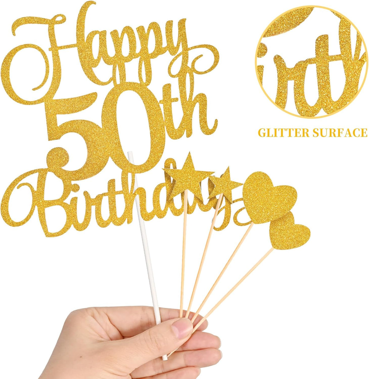 50th Birthday Cake Decorations, 50th Birthday Candles Cake Numeral Candles and Glitter Happy 50th Birthday Cake Toppers Set for Birthday Party Supplies (Gold)