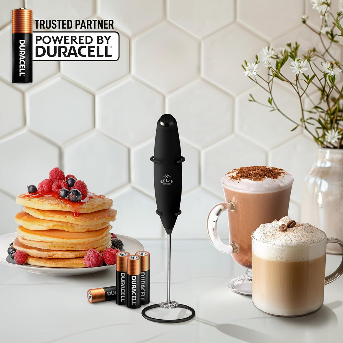 Zulay Kitchen Powerful Milk Frother Wand With 4 AA Duracell Batteries - Ultra Fast Handheld Drink Mixer - Electric Whisk Foam Maker for Coffee, Lattes, Cappuccino, Matcha & Creamer -