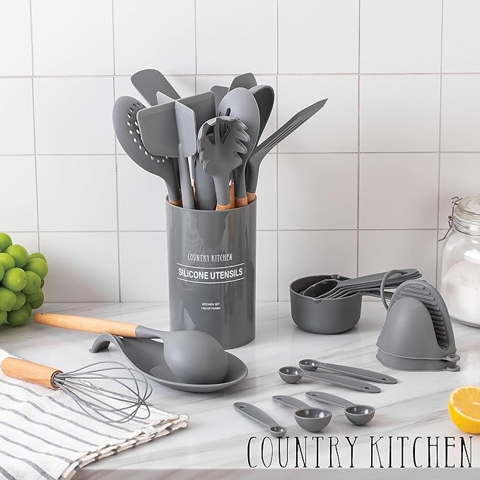 Country Kitchen Non Stick Silicone Utensil Set with Rounded Wood Handles for Cooking and Baking, 38 Piece Set, Gray