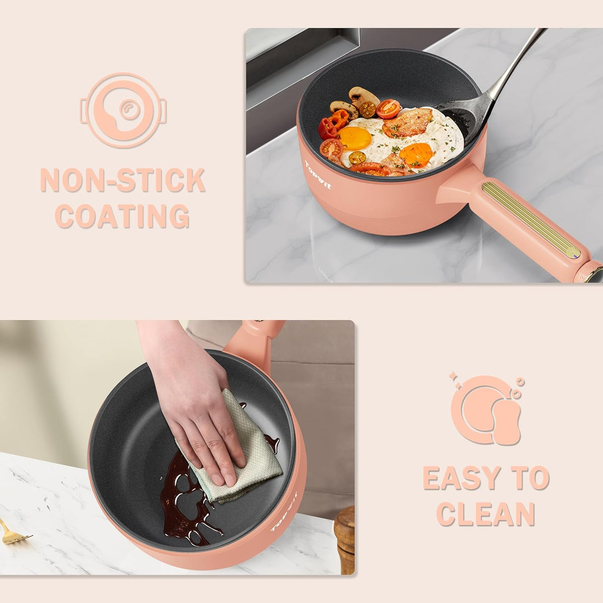 TOPWIT Hot Pot Electric, 𝟐𝐋 Electric Pot, Non-Stick Portable Cooker, Portable Hot Pot, Sauté Pan for Steak, Egg, Fried Rice, Ramen, Soup with Dual Power Control (Silicone Spatula Included), Peach