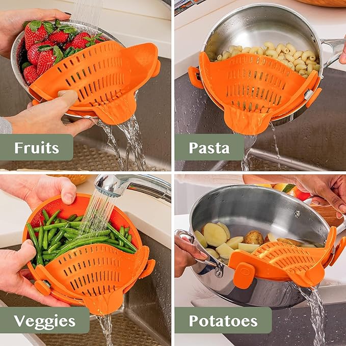Kitchen Gizmo Snap N Strain Clip On Strainer for Pots and Pans - Adjustable Silicone Colander for Kitchen - Compact Clip-On Food Strainer for Draining Pasta and Vegetables - Orange