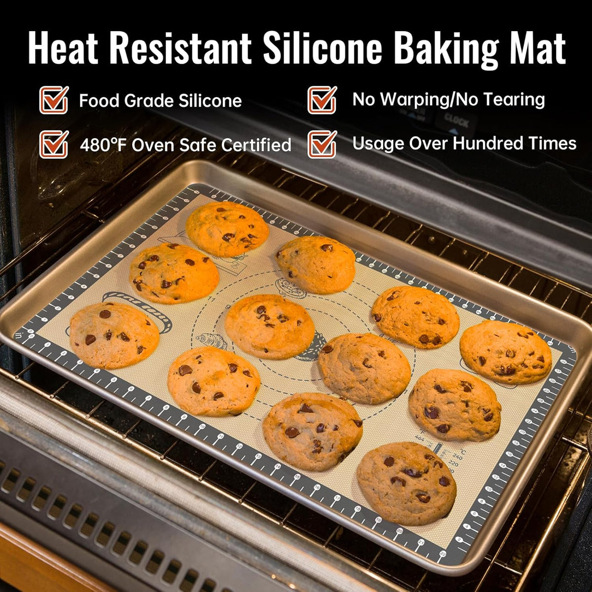 Silicone Baking Mat with 10 Quick Recipes, Extra Thick Silicone Mats for Baking, Non Stick Pastry Mat,Reusable kneading Dough Rolling Mat for Cookie, Macaron, Bread, Pizza-Tutorial Video Included