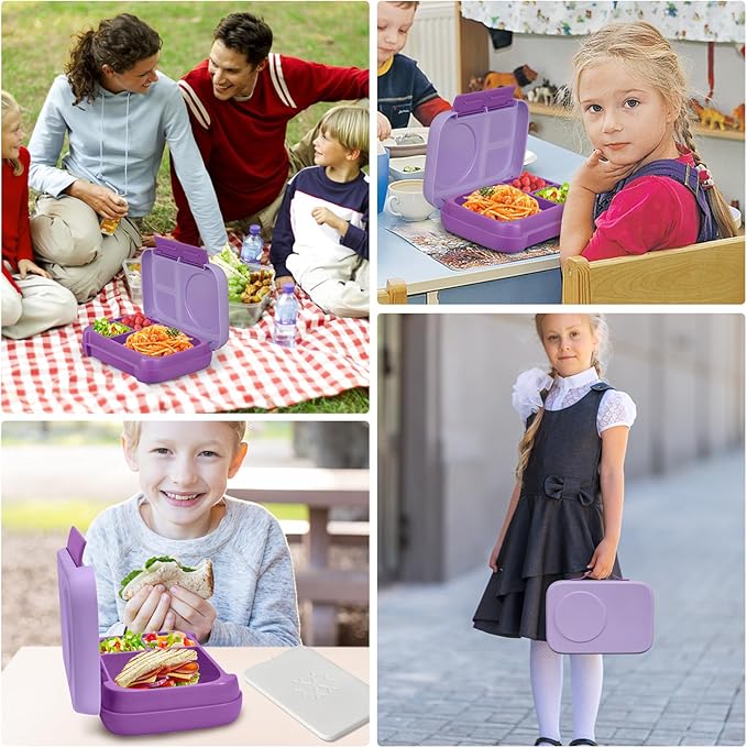 Bento Box for Kids,Kids Bento Lunch Box with Built-in Ice Pack for School,3 Compartments Leak Proof Lunch Container with Utensils for Girl Boy;BPA Free,Microwave & Dishwasher Safe, 44oz(Purple)