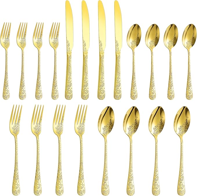 Floral 20 Pcs Gold Silverware Set for 4, Food Grade Stainless Steel Flatware Set with Rose Flower Embossed Design, Eating Utensils Sets Include Fork/Knife/Spoon, Reusable Cutlery Set, Dishwasher Safe