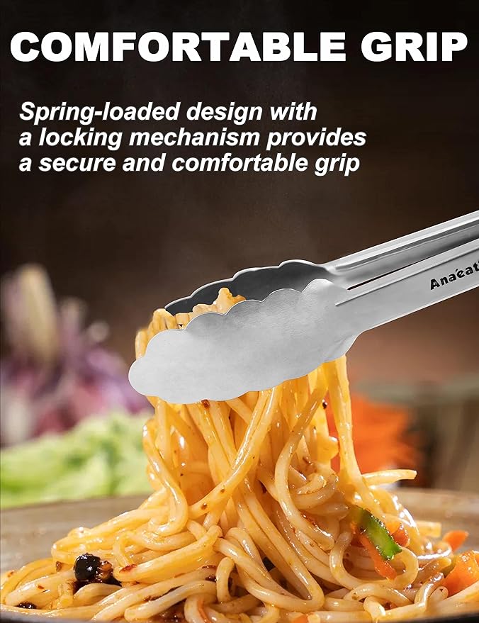 Anaeat 3 Pack 7" Mini Stainless Steel Cooking Tongs - Sturdy Coiled Spring Locking Kitchen Food Tong with Non-Slip Silicone Grip for Serving, Cooking, Baking - Heat Resistant up to 480°F (Black)