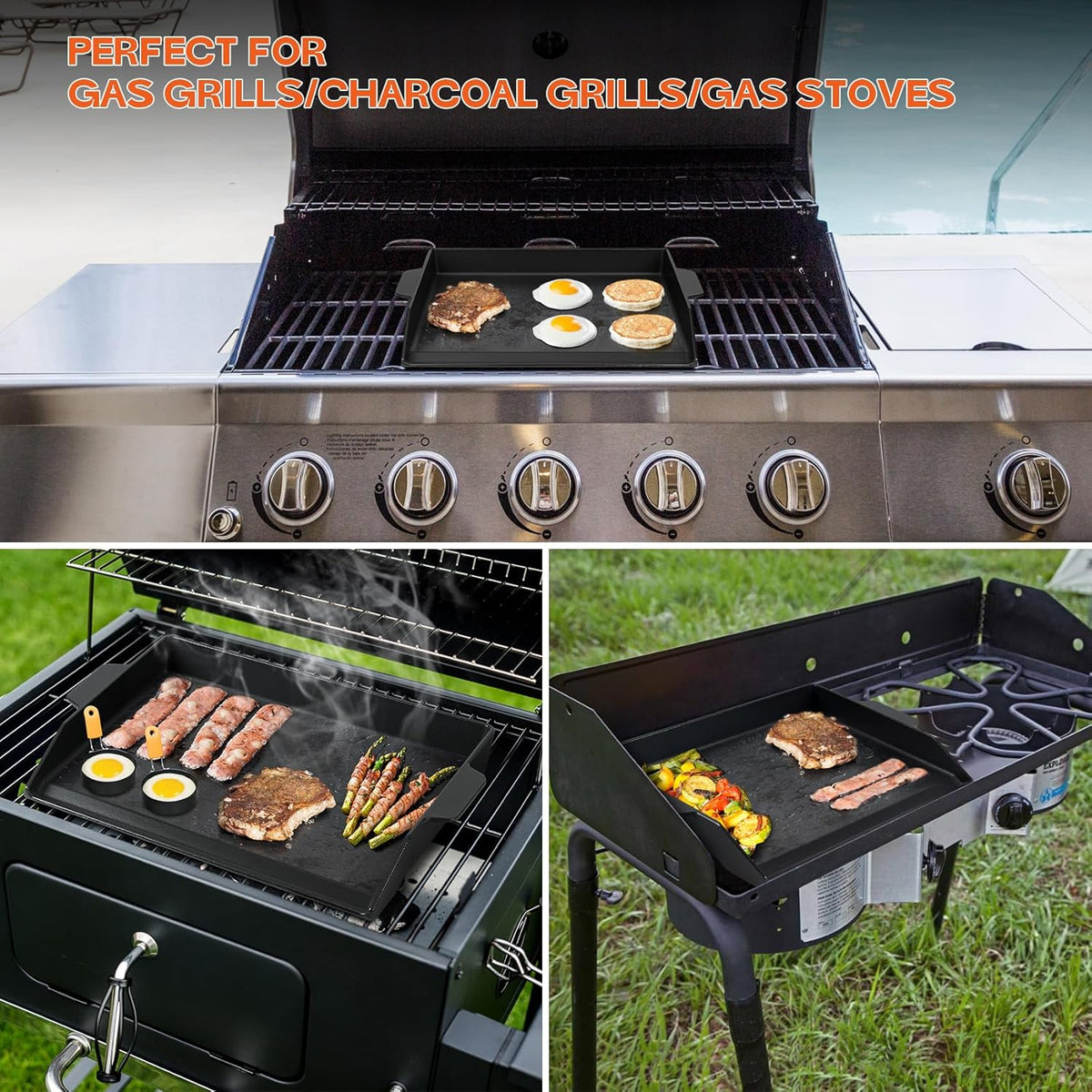Onlyfire Universal Cast Iron Cooking Griddle, Nonstick Coating Griddle Flat Top Grill Plate with Extra High Sidewalls for Charcoal, Gas Grills and Range Oven, 18.5" × 14"