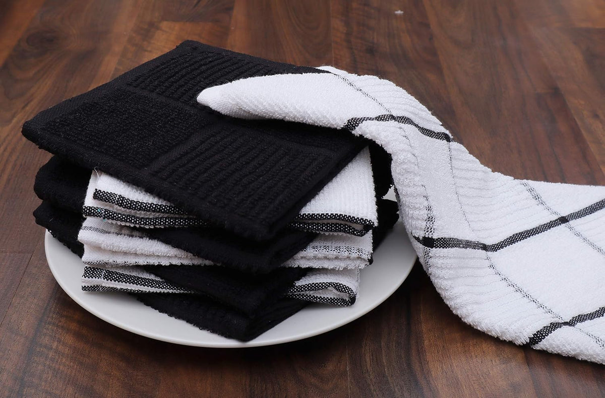 AMOUR INFINI Dish Cloths for Washing Dishes Set of 8 - Highly Absorbent, Super Soft Kitchen Dishcloths - Reusable Quick Dry Dish Rags for Cleaning & Drying Kitchen Linens (12x12 Inch - Black)