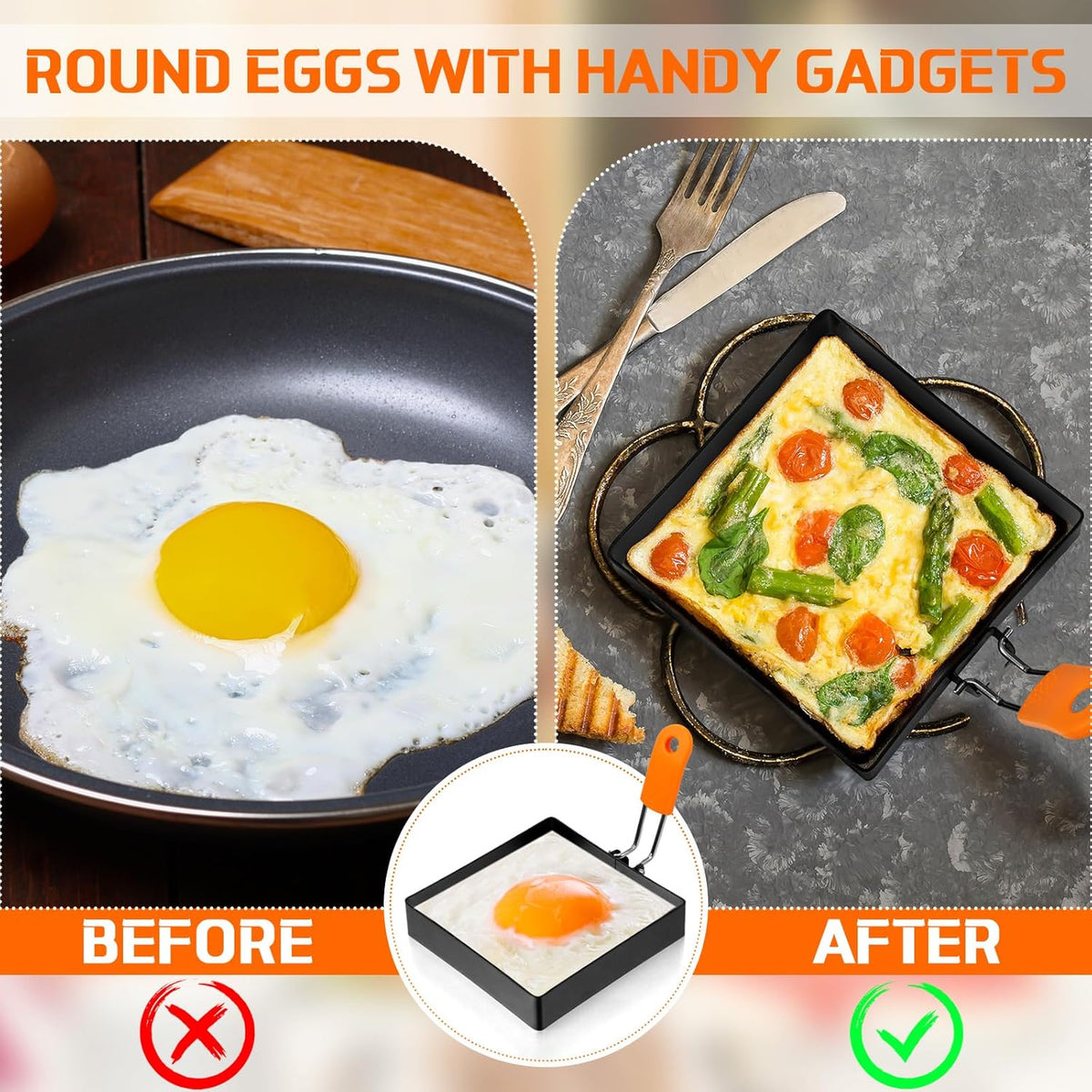 Patelai 6 Pcs Egg Ring Pancake Ring Set Stainless Steel Fried Egg Molds Griddle Pancake Shapers with Silicone Handle for Breakfast Omelette Sandwich(Assorted Style,4 Inch, 6 Inch, 8 Inch)