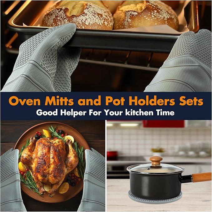 1 Pair Oven Mitts,Silicone Oven Mitts,Long Cooking Gloves,Heat Resistant Oven Gloves Grill BBQ Gloves,Kitchen Home Essentials,12.9"*7.48" Grey Mitt