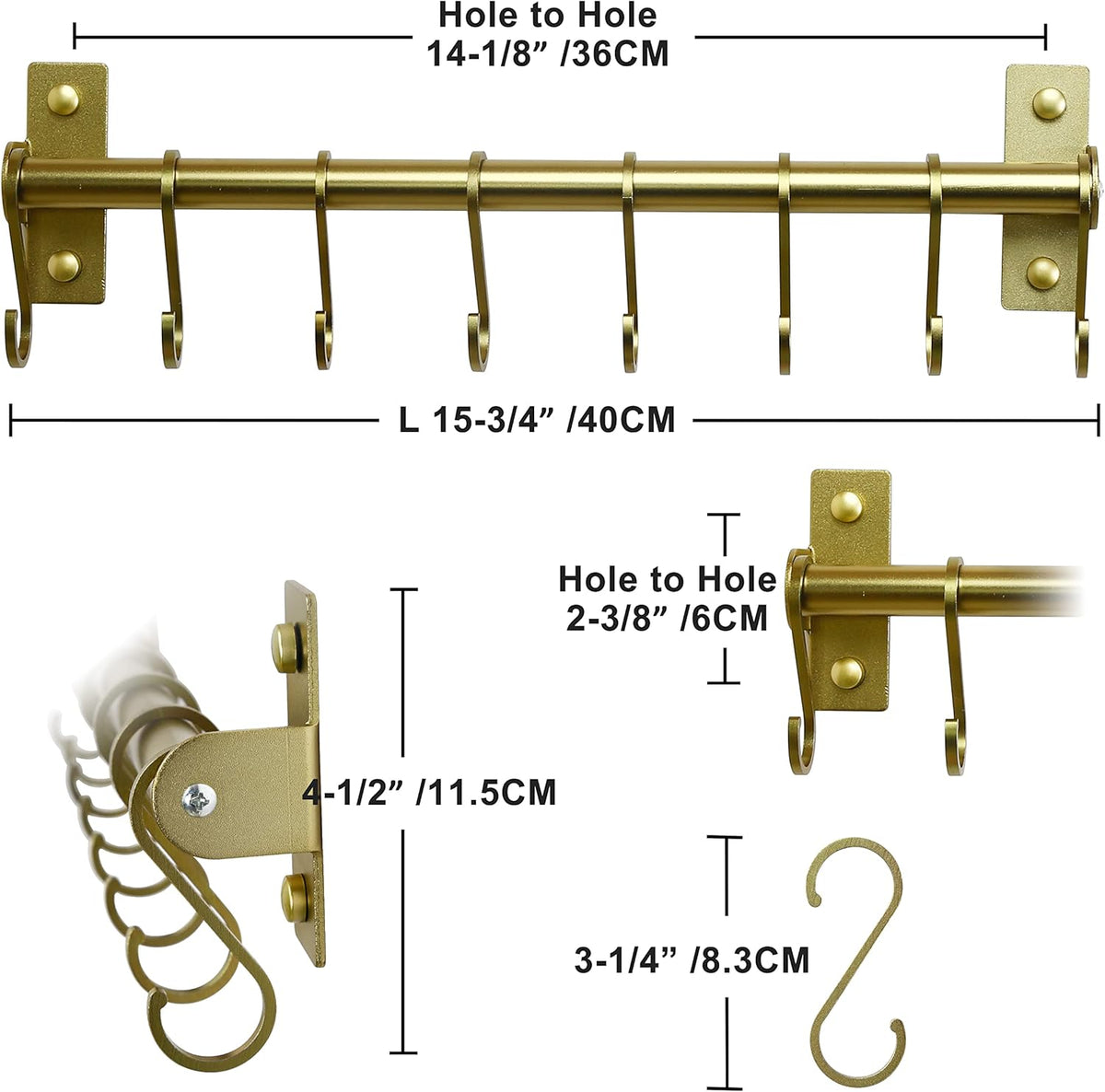 Dseap Kitchen Utensil Holder Hanger, Pot and Pan Rack Wall Mounted, Kitchen Rail with 8 Hooks for Hanging Cooking Utensils, Mugs, Spoons, Wall Mounted, Champagne Color