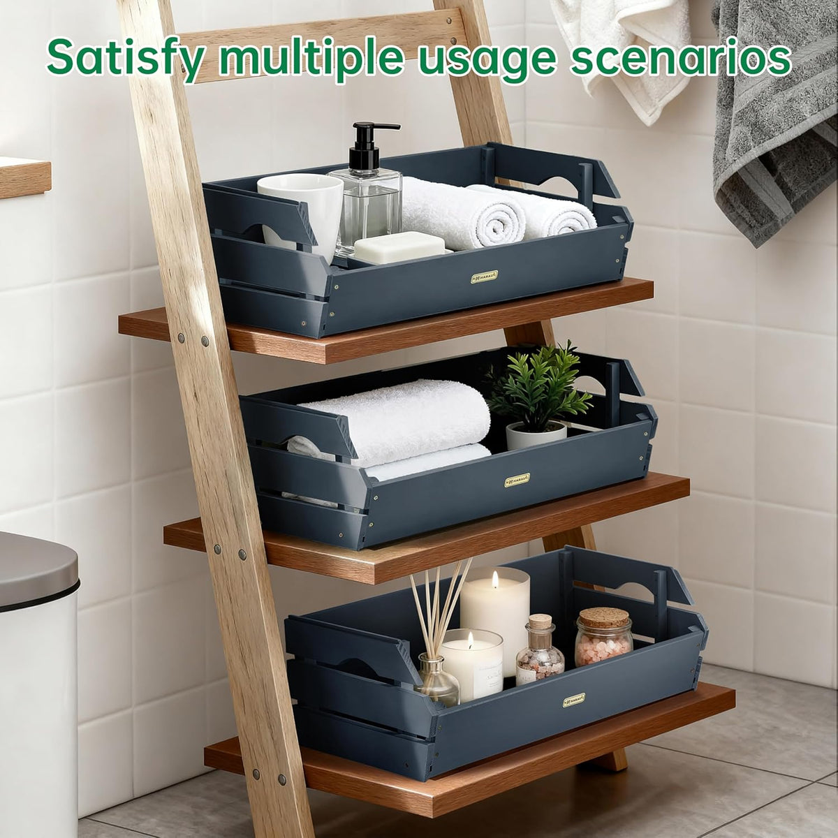 HABAU Wood Potato Onion Storage Bins - Wooden Stackable Produce Basket - Fruit Vegetable Storage for Kitchen Pantry Organization, Set 3 Pieces