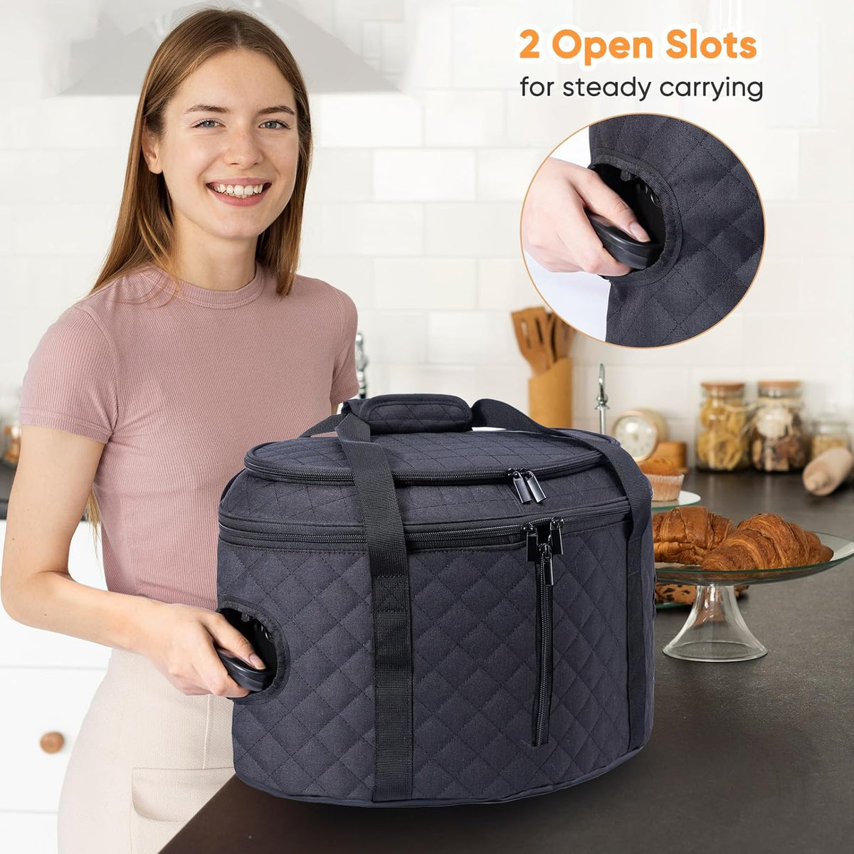 BAGSPRITE Double-layer Slow Cooker Carrying Case Compatible with 6-8 Quart Crockpot Carrier for Hot Food and Hamlton Beach Slow Cooker Tote with Lid Fastener for Crock-pot Dust Cover Applicances