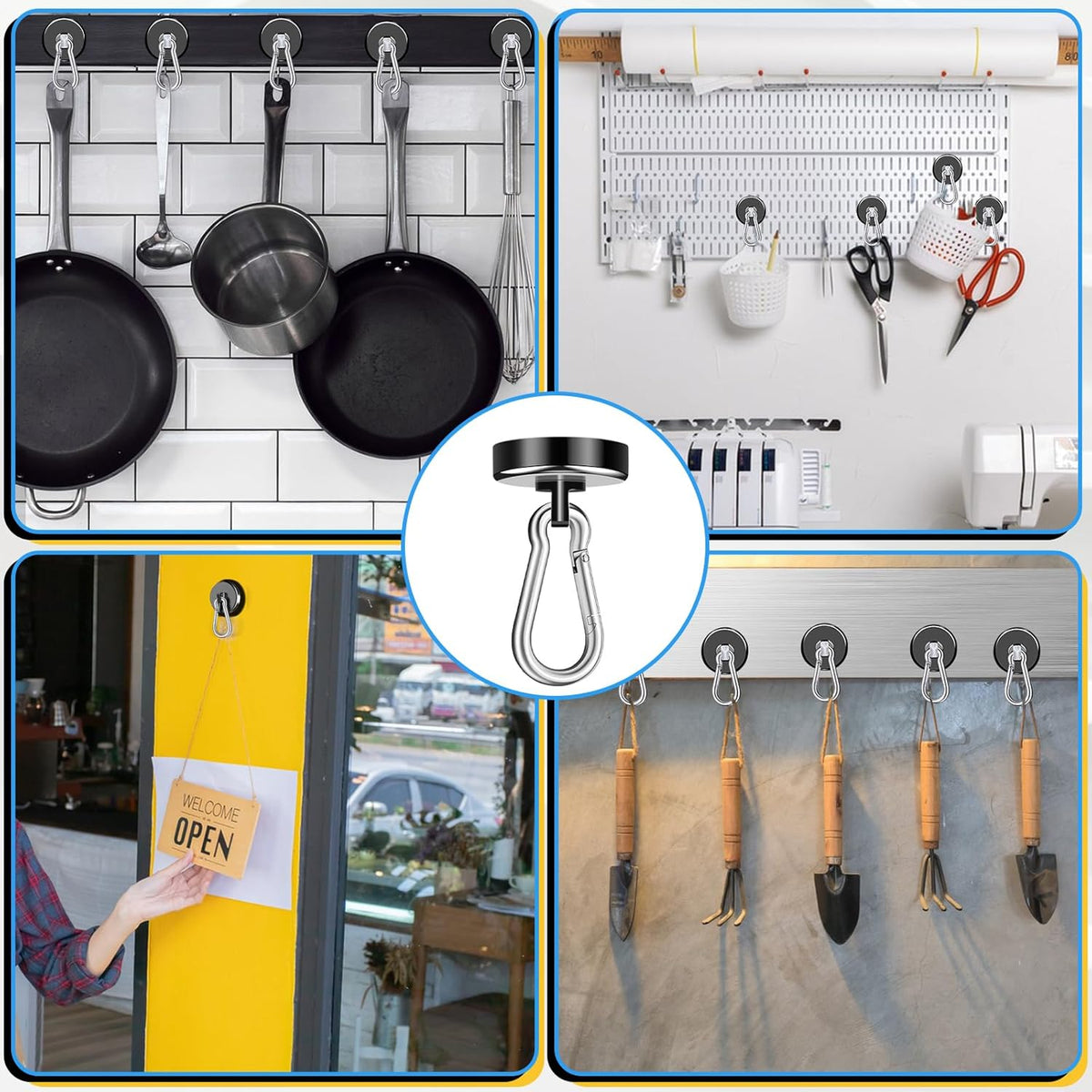 Magnetic Hooks, 70Lbs Heavy Duty Magnetic Hooks with Swivel Carabiner for Cruise Cabins, 6 Pack Extral Strong Neodymium Magnet Hooks for Hanging, Metal Magnetic Hanger for Toolbox, Grill, Fridge