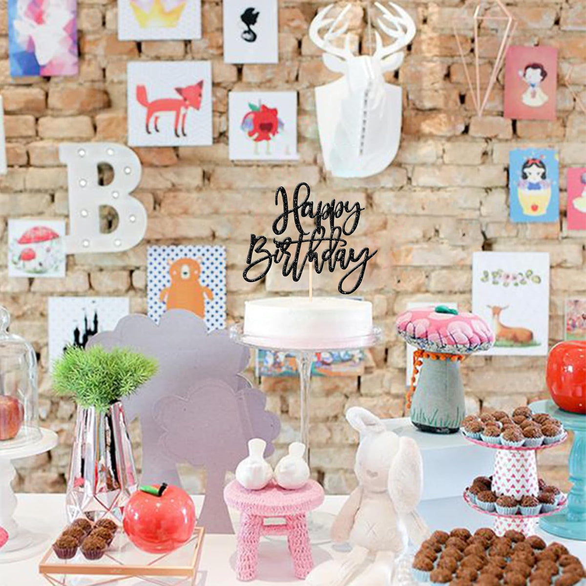 ZHUOWEISM 1 PCS Happy Birthday Cake Topper Glitter Happy Birthday Cake Pick for Celebrating Happy Birthday Anniversary Theme Party Cake Decorations Supplies Black