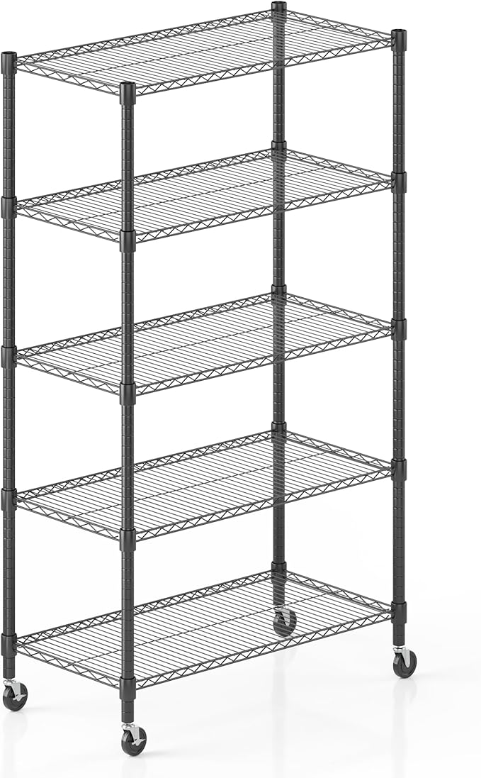 Himimi 5-Tier Heavy Duty Steel Wire Rack Storage Shelving, Adjustable Metal Storage Shelves with Wheels, 82''H Wire Shelf for Kitchen Garage Basement Pantry Organization, 18" D×36" W×82" H-Black