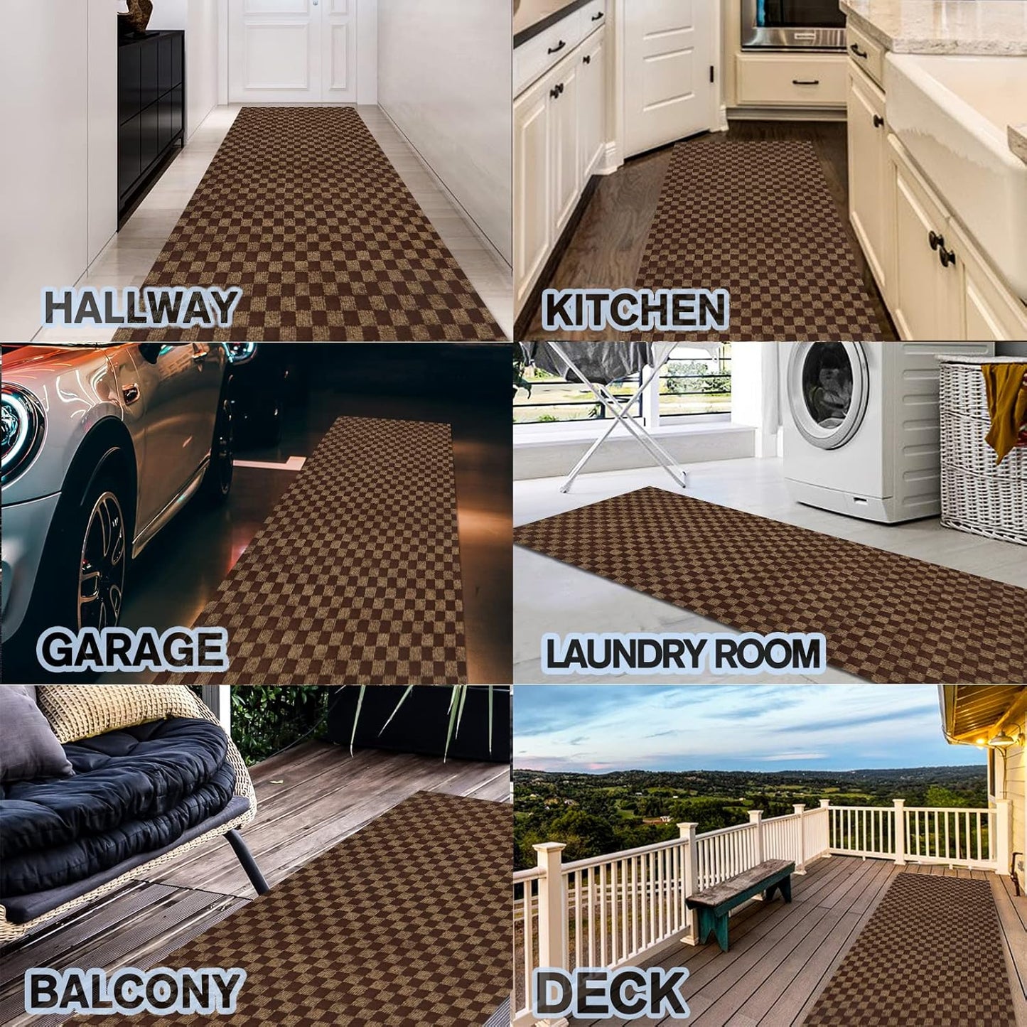 Custom Size Backed Non-Slip Area Rugs Runner, Easy Clean, Waterproof Runner Rugs for Hallway Entryway, Kitchen, Laundry, 2FT x 56FT, Brown Checkered