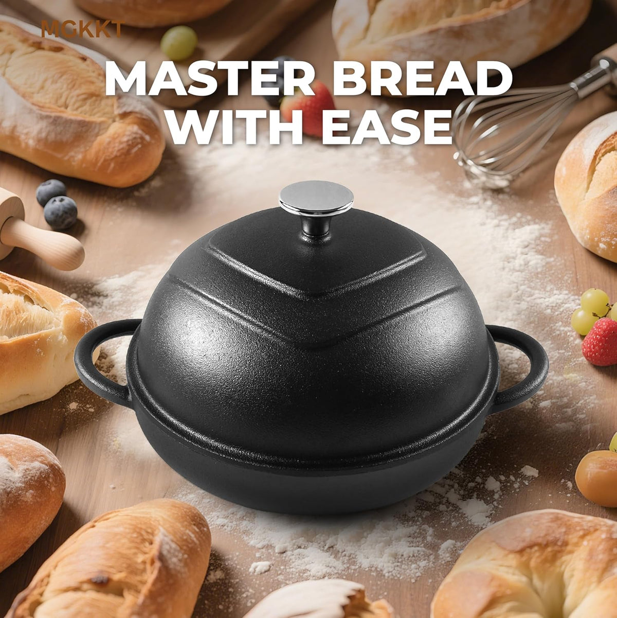 MGKKT Enamelled Cast Iron Dutch Oven with Cloche Lid, 5QT Round Bread Pot for Sourdough Bread Baking, Baking Enthusiast Gift, Cast Iron Bread Oven, Black