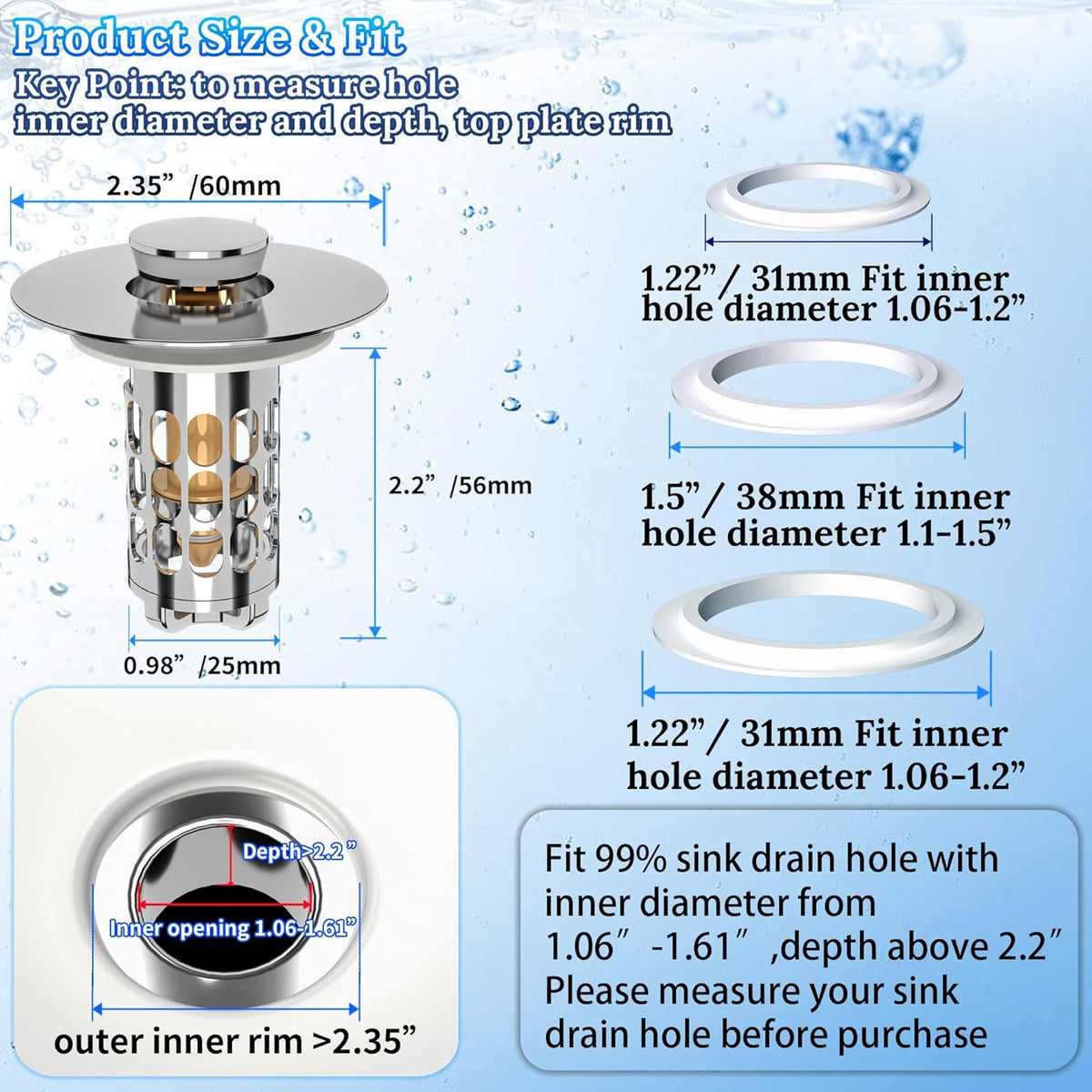 3 in 1 Bathroom Sink Drain Strainer,Universal Pop Up Bathroom Sink Stopper Hair Catcher,with Filter Basket Sealing Ring for Anti-Clogging Odor-Proof,Easy Install Drain Catcher for 1.06”~1.61” Hole