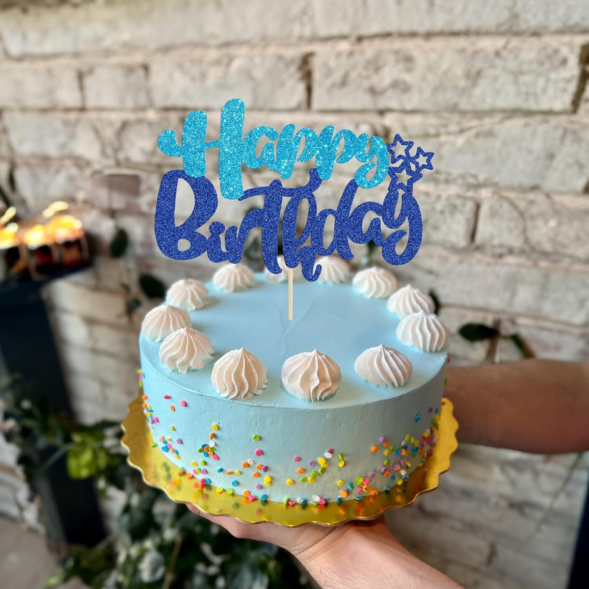 Ephlyn 1Pcs Happy Birthday Cake Topper Glitter Cake Pick for Celebrating Anniversary Theme Party Cake Decorations Supplies Blue
