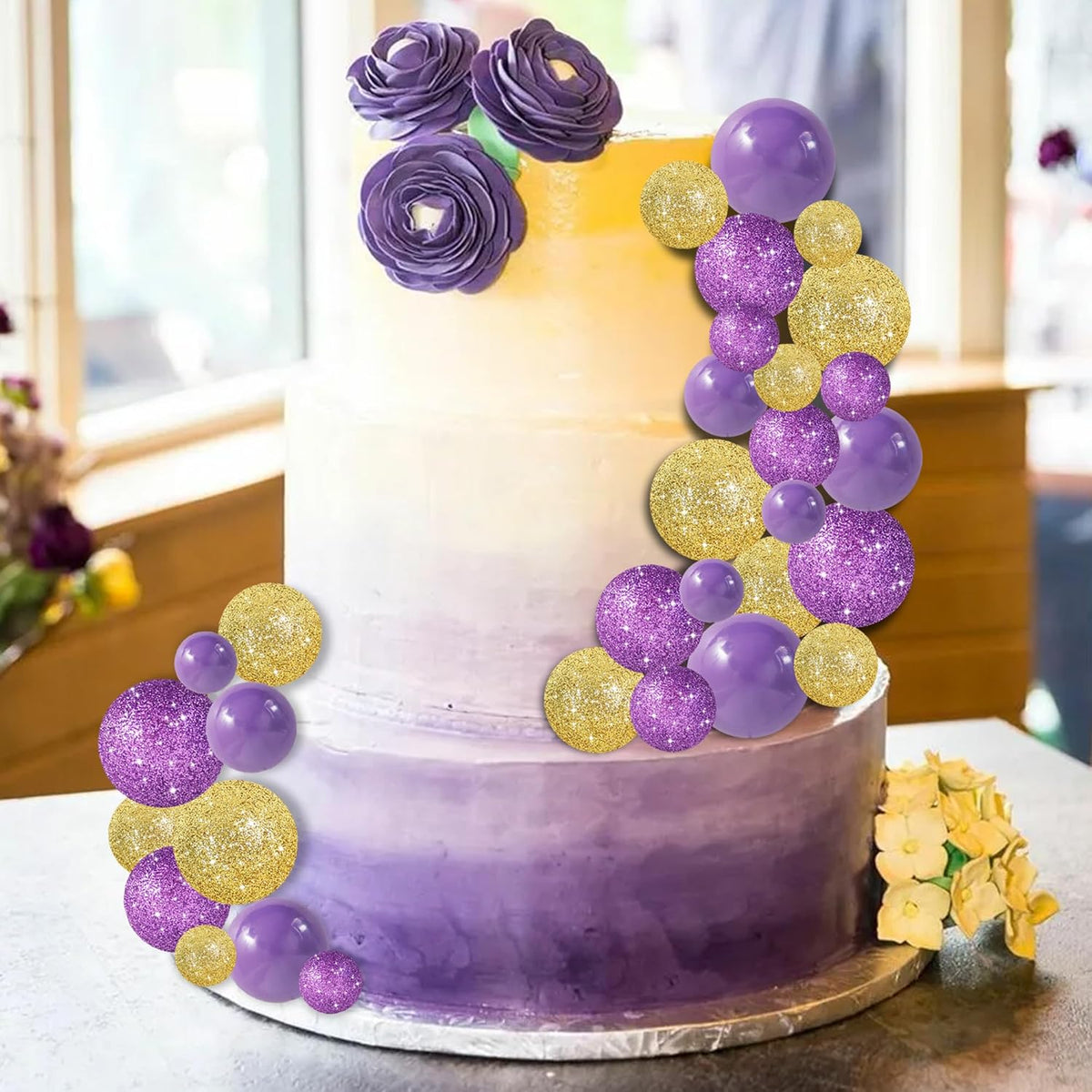 BEISHIDA 40 Pcs Ball Cake Toppers Mini Balls Cake Decorations Purple Gold Foam Balls DIY Cake Topper for Baking Congrats Grade 2025 Graduation Birthday Mardi Gras Lakers Decorations (Purple Gold)