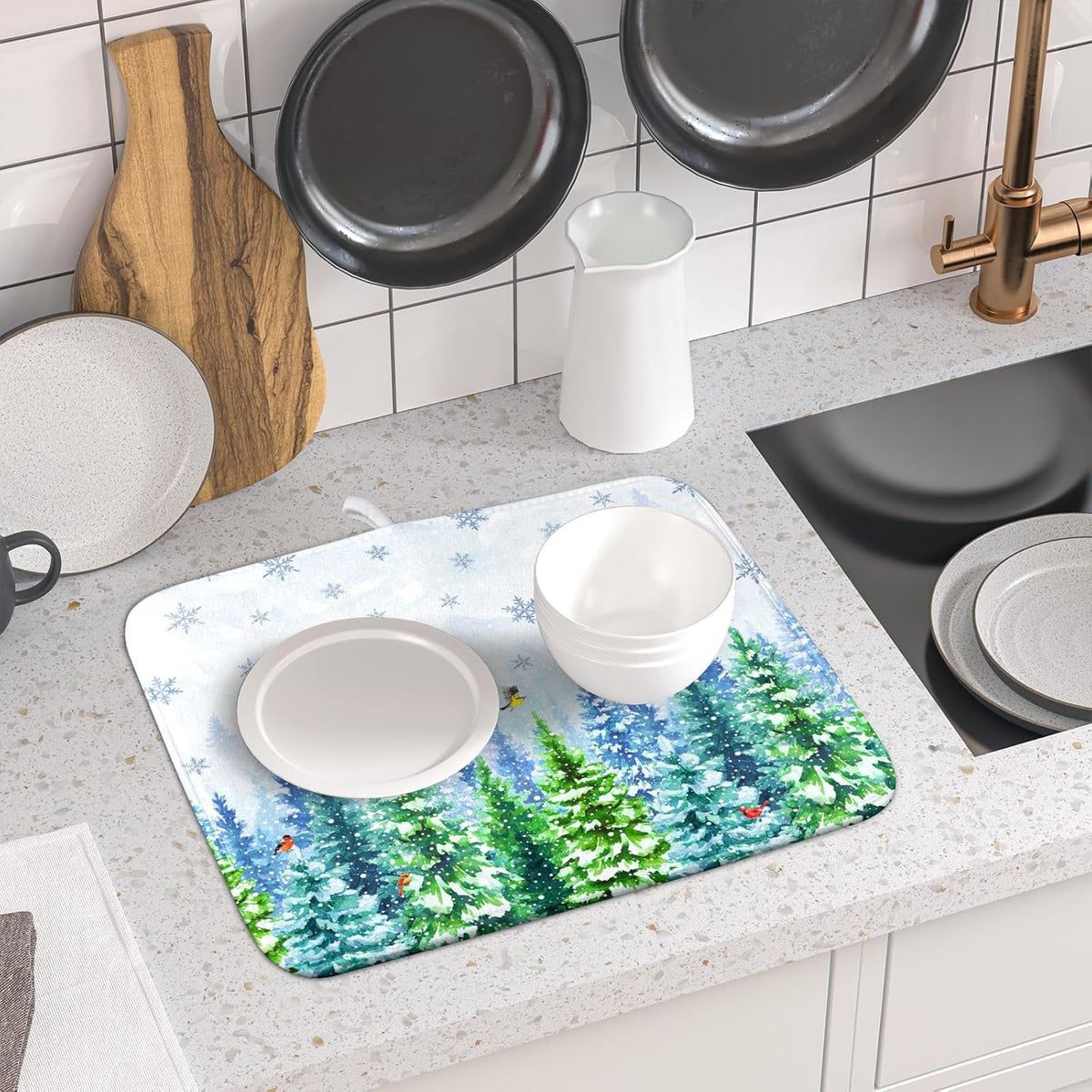 Winter Dish Drying Mat Forest Kitchen Mat for Counter for Home Season Decor 18 X 16 In