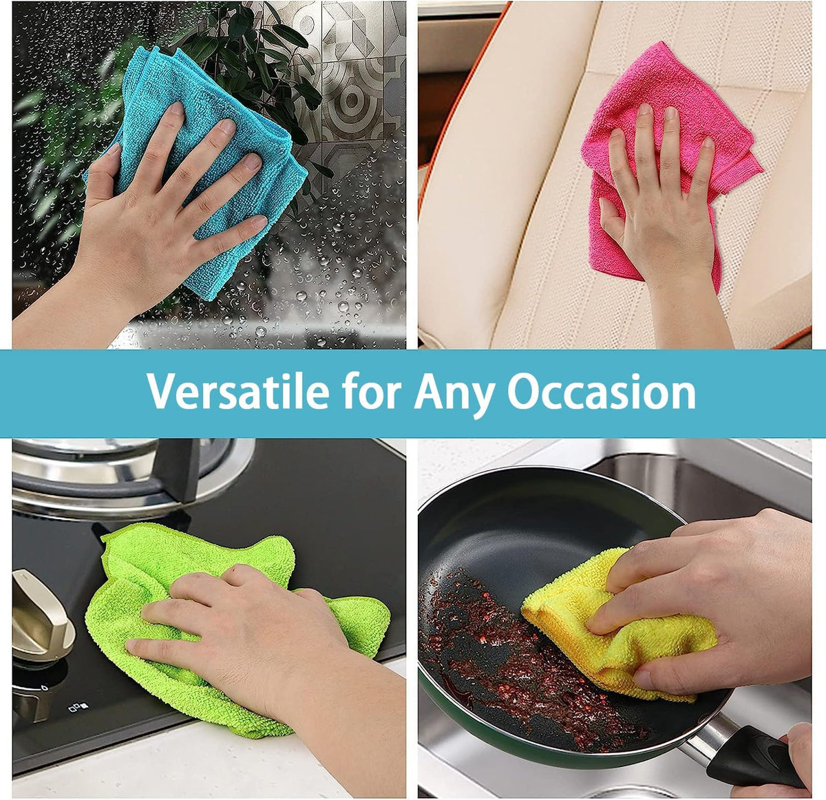 HOMEXCEL Microfiber Cleaning Cloth, 50 Pack Cleaning Rags, Cleaning Towels with 4 Color Assorted, 11.5"X11.5"(Green/Blue/Yellow/Pink)