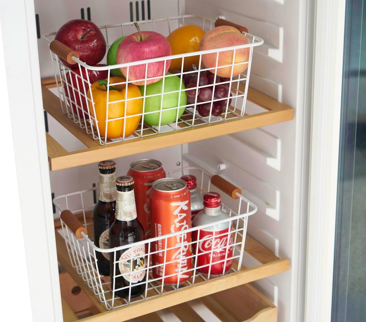 Wire Kitchen Storage Basket 2 Packs,Perfect Pantry Organization Accessories Baskets,Laundry Basket,With a Wooden Handle,Suitable for Kitchen,Bathroom,Bedroom,Tabletop,Stackable,White