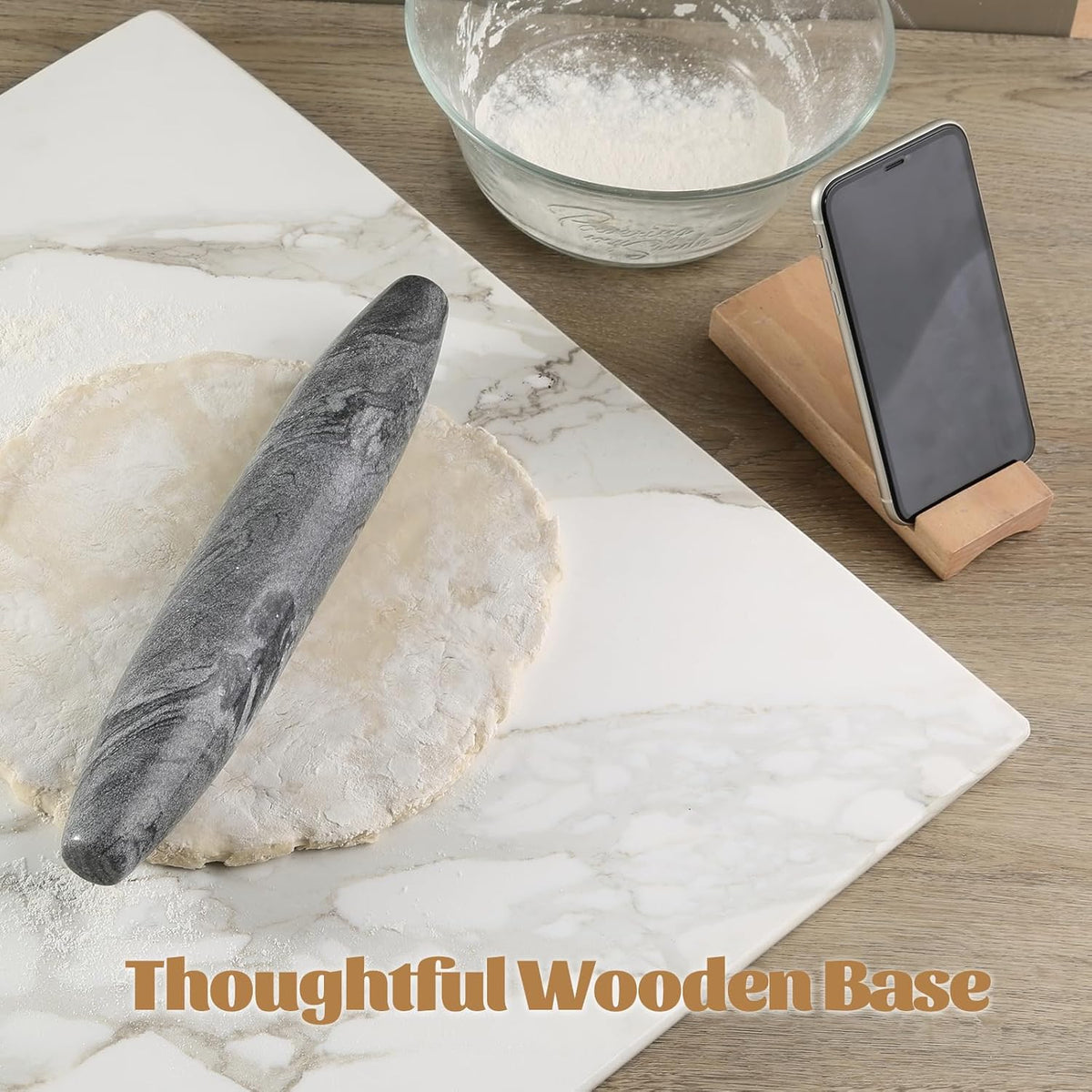 Koville African Natural Grey Marble French Rolling Pin, 12inch Non-Stick Rolling Pin for Baking, Dough Roller for Pasta, Dumpling, Fondant, Pie, Bread, Pizza, Kitchen Baking Tools
