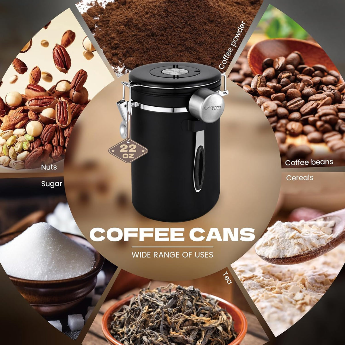 Coffee Canisters with Window,Scoop and Airtight Lid Stainless Steel Kitchen Bean Storage Grounds Container(22OZ/Black)Date Tracker and Scoop for Grounds Coffee Bar Accessories Beans, Cereal, Sugar