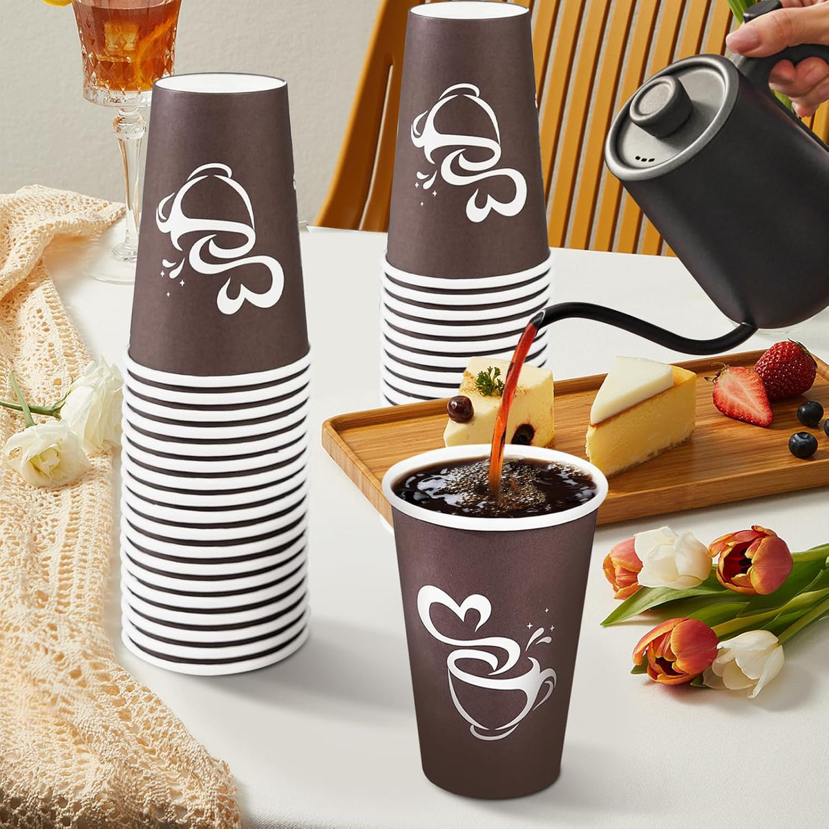 180 Count 16 oz Paper Coffee Cups, Disposable Drinking Cup for Hot or Cold Beverage, 16 ounce Brown Coffee Cups for Party, Home, Travel, Picnic