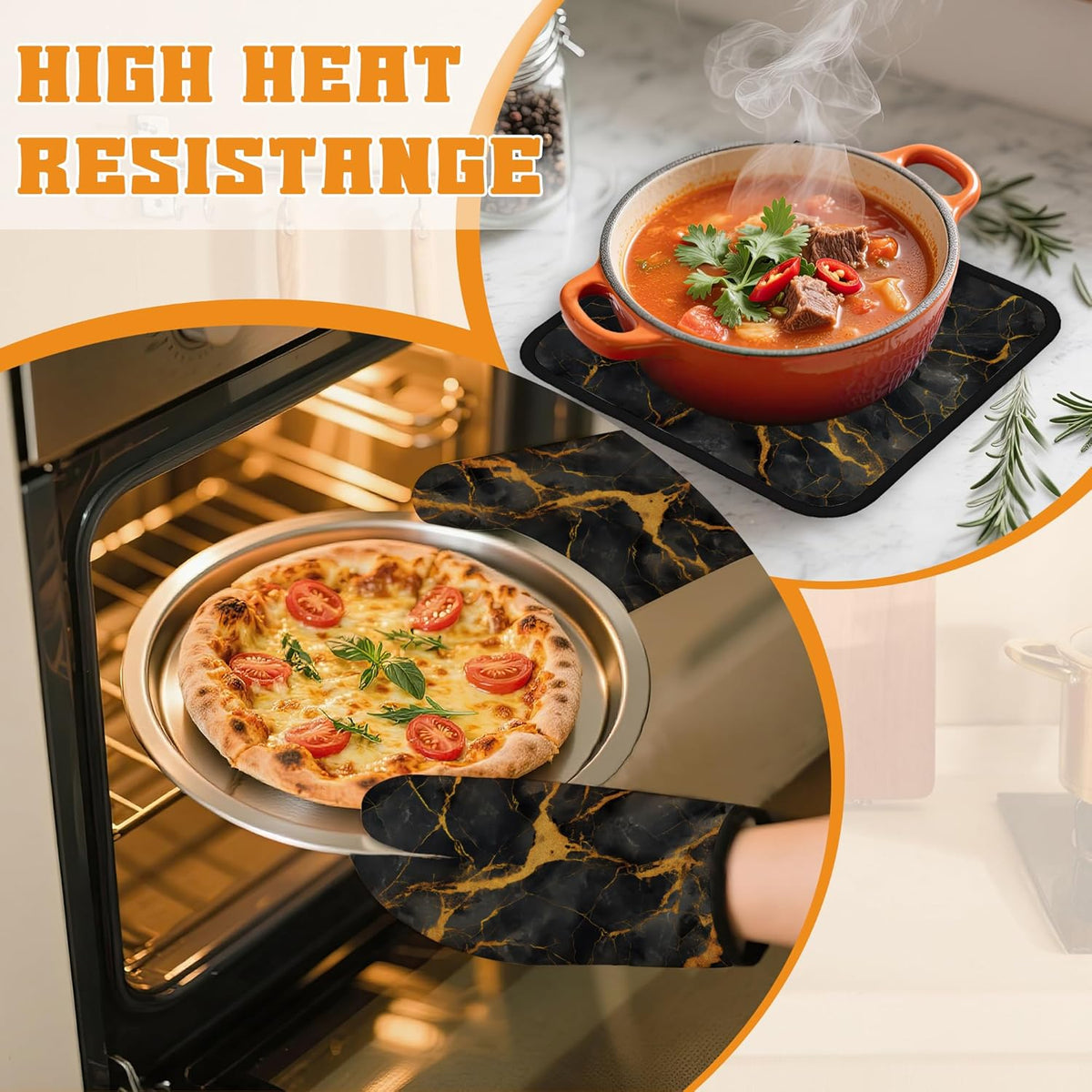 Marble Oven Mitts and Pot Holders Set,Black Gold Marble Kitchen Decor Heat Resistant Non Slip Hot Pads and Oven Mitt for Chef Cooking Baking BBQ Mom Girl Gifts(4 Piece Set)