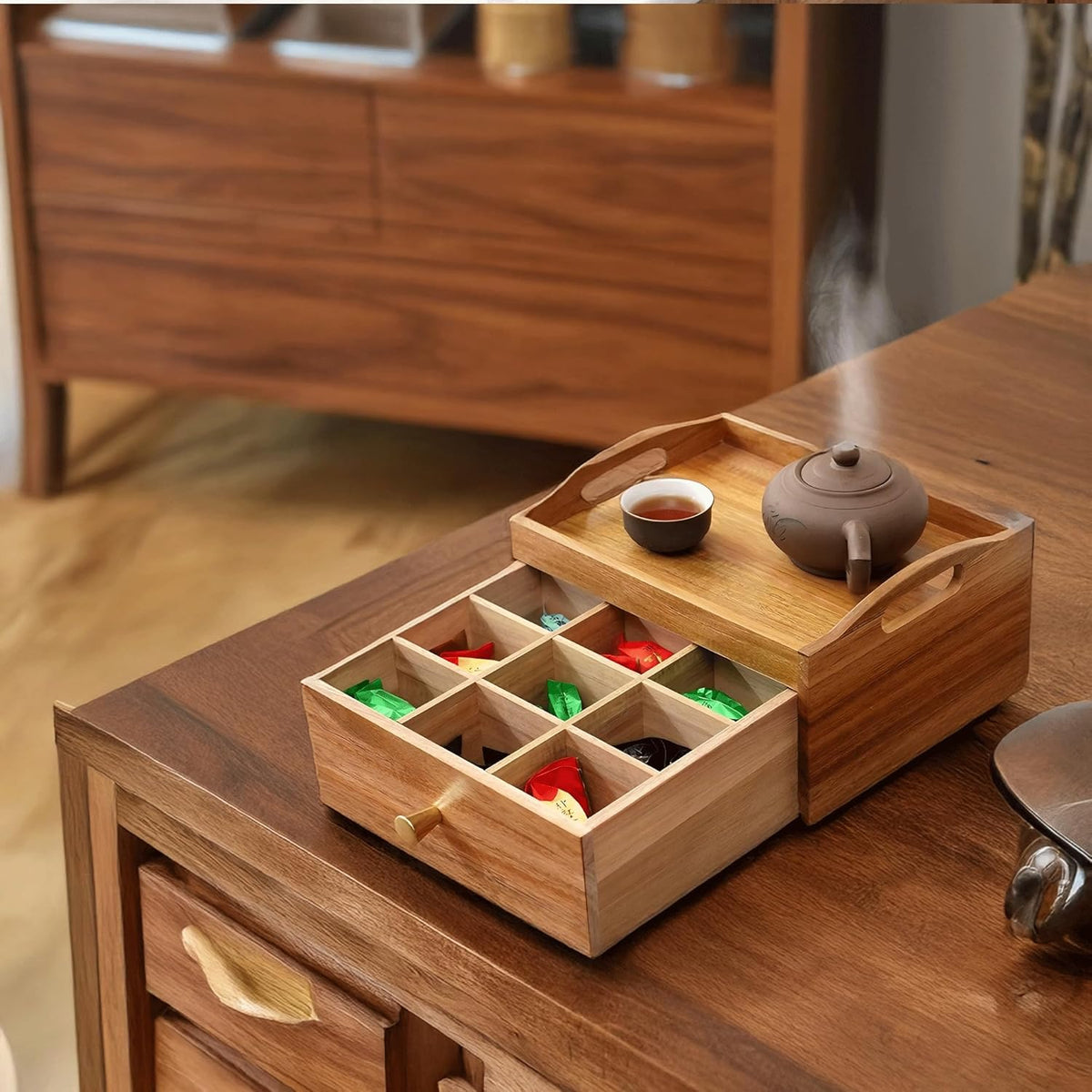 Tea Bag Holder Organizer, Tea Storage Organizer, Acacia Wood Drawer Interior 9 Grids & Teapots and Cups Can Be Placed on Top 10.4"X8.3"X5.4" Storage Box for Kitchen Countertop Organizer