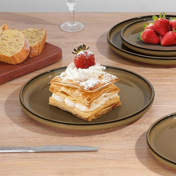 E-far Stoneware Dinnerware Sets for 4, 12 Pieces Reactive Glaze Plates and Bowls Sets, Elegant Dishes with Rustic Terracotta Base, Dishwasher & Microwave Safe, Scratch Resistant, Deep Camel