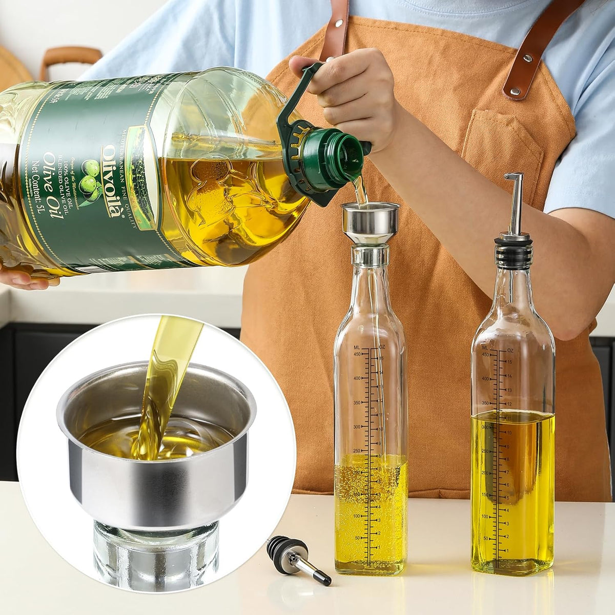 AOZITA 17oz Glass Olive Oil Dispenser Bottle - 500ml Clear -Oil & Vinegar Cruet with Pourers and Funnel - Olive Oil Carafe Decanter for Kitchen