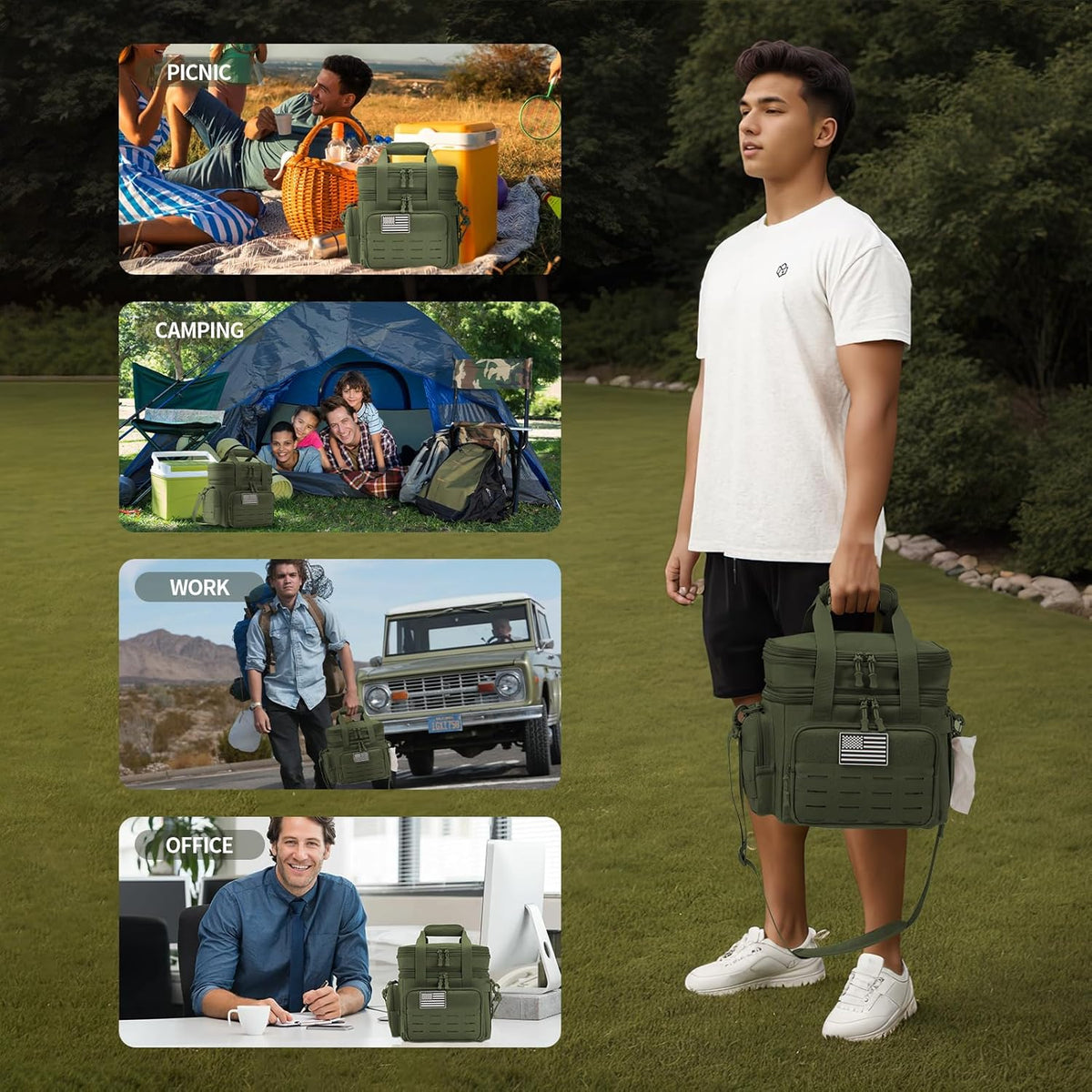 QT&QY Tactical Lunch Box for Men Expandable 18L Heavy Duty Military Insulated Cooler Bag, Leakproof Thermal Lunch Bag for Work Camping Outdoor Picnic Pail Adult Meal MOLLE Webbing Green