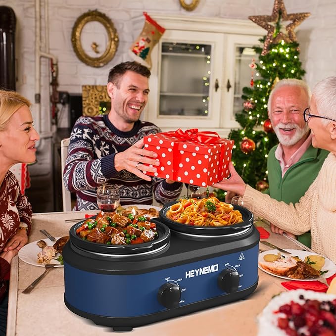 Double Slow Cooker, Buffet Servers and Warmers, Dual 2 Pot Slow Cooker Food Warmer, Adjustable Temp Dishwasher Safe Removable Ceramic Pot Glass Lid, 2 x 1.25 QT Portable Small Crock Cooker,Blue