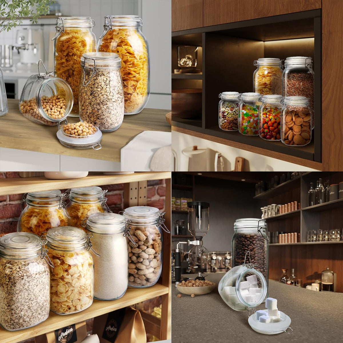 17oz - 6 Pack Square Glass Jars with Airtight Lid, Wide Mouth Mason Jars with Clamp Lids, Air Tight Glass Canisters, Best Food Storage Containers for Cereal, Pasta, Rice, Sugar, Coffee, Spice