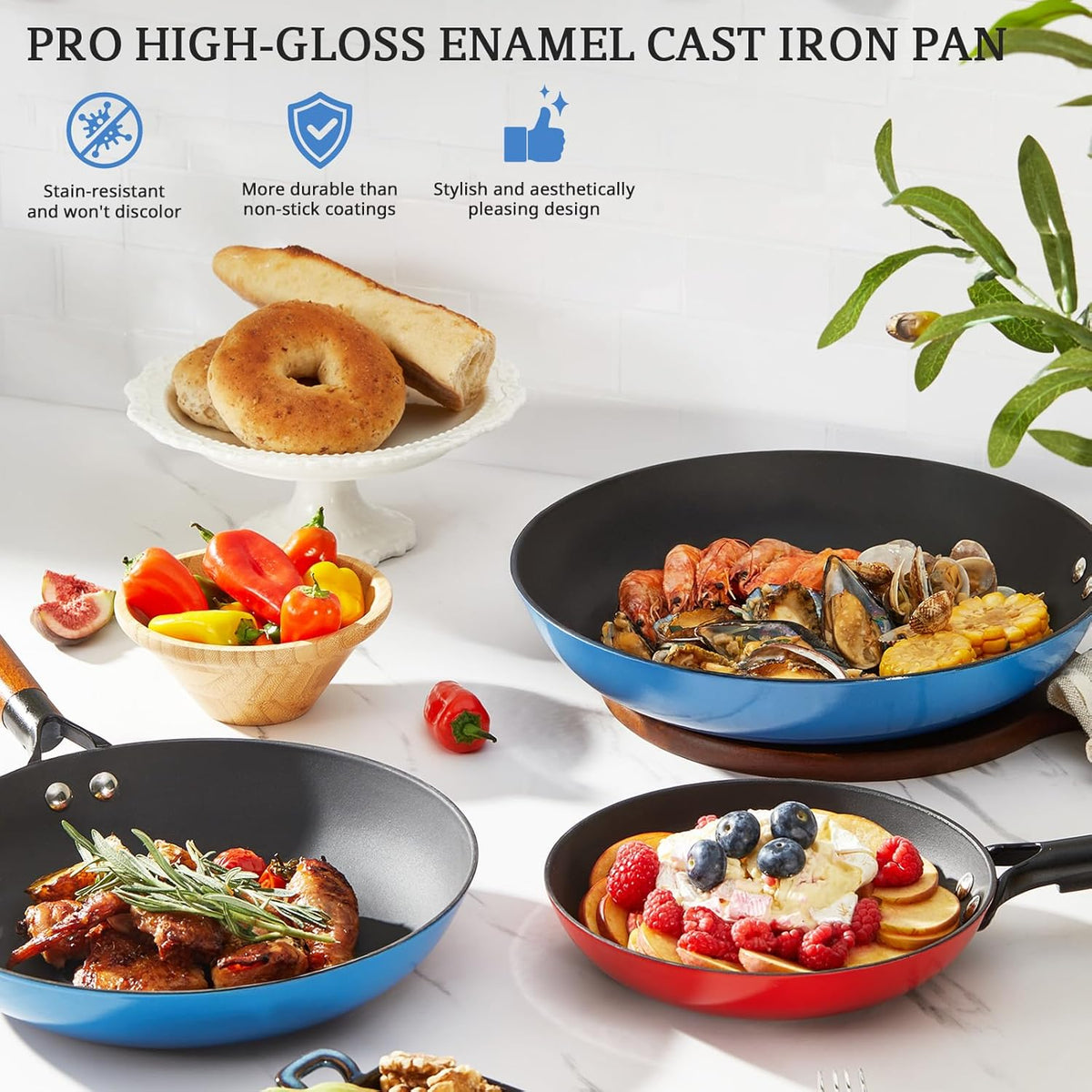 KITESSENSU Titanium Non Stick Frying Pan 8' - Deep Enameled Cast Iron Skillet - Cast Iron Pan for Compatible With All Stovetops - Gradual Cobalt Blue