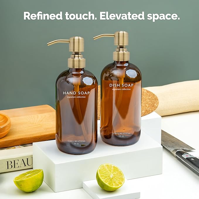 Vine Creations Amber Glass Soap Dispenser Set, Dish Soap and Hand Soap Dispenser Set with Stainless Steel Pump, 16 oz Glass Dispensers for Kitchen or Bathroom Decor (Amber Bottle/Brushed Brass Pump)