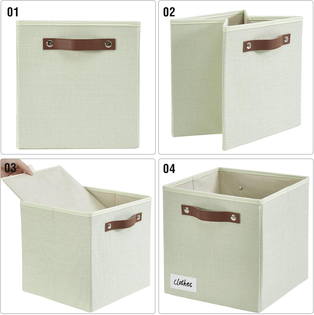 Collapsible Fabric Storage Cube Bins with 2 Reinforced PU Handles, Foldable Storage Organizer Baskets for Closet, Shelves, Living Room | 11"x11"x11", 4 Pack, Sage Green
