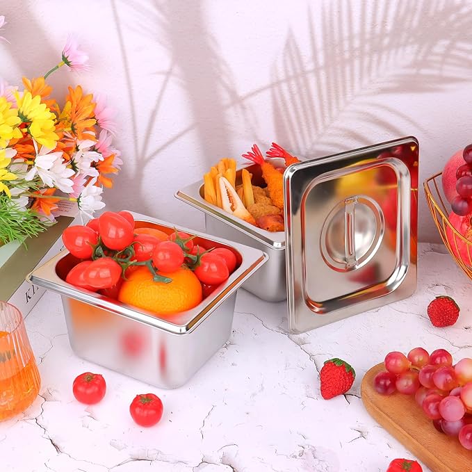 6 Set Hotel Pan 1/6 Size 4 Inch Deep Stainless Steam Table Pans with Lids Stackable Commercial Anti Jam Metal Steam Tray Catering Food Storage Steel Pan for Hotel Restaurant Buffet Party Supplies